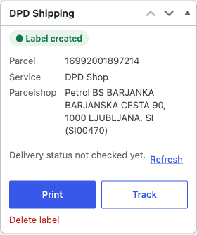 DPD Shipping panel nakon kreirane naljepnice